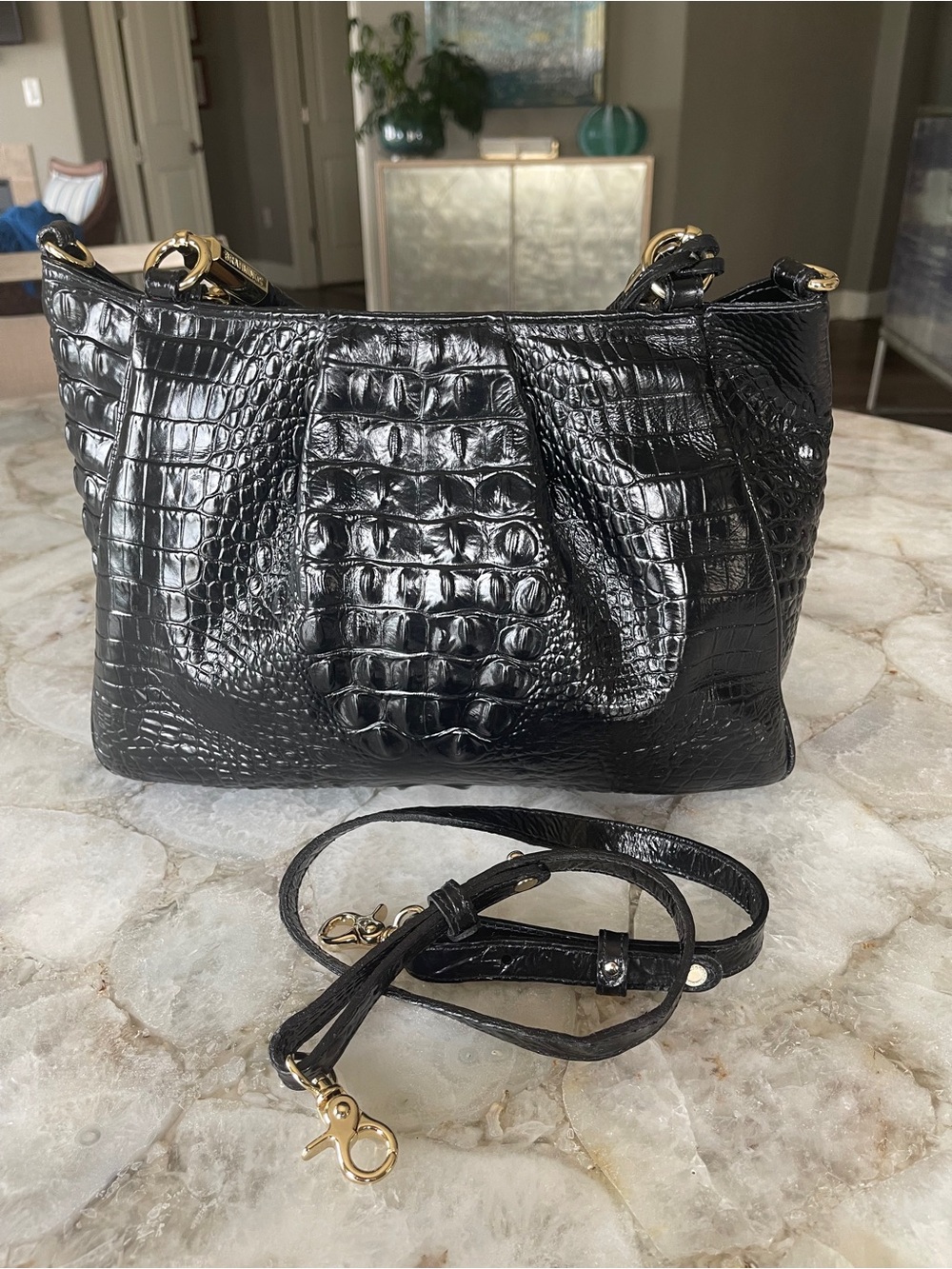 Brahmin Black Croc-Embossed Leather Shoulder Bag